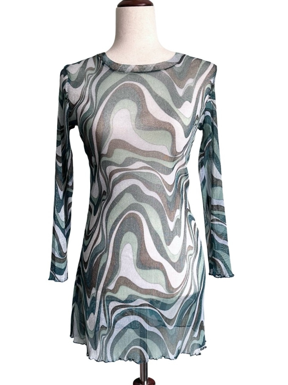 NWT knit works Sheer Mesh Shimmer Swirls Green Long Sleeve Mini Dress Medium